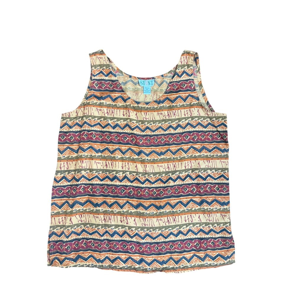 Stunt 100% Silk Tank Top Womens Med Geometric Tribal Print Sleeveless Scoop Neck